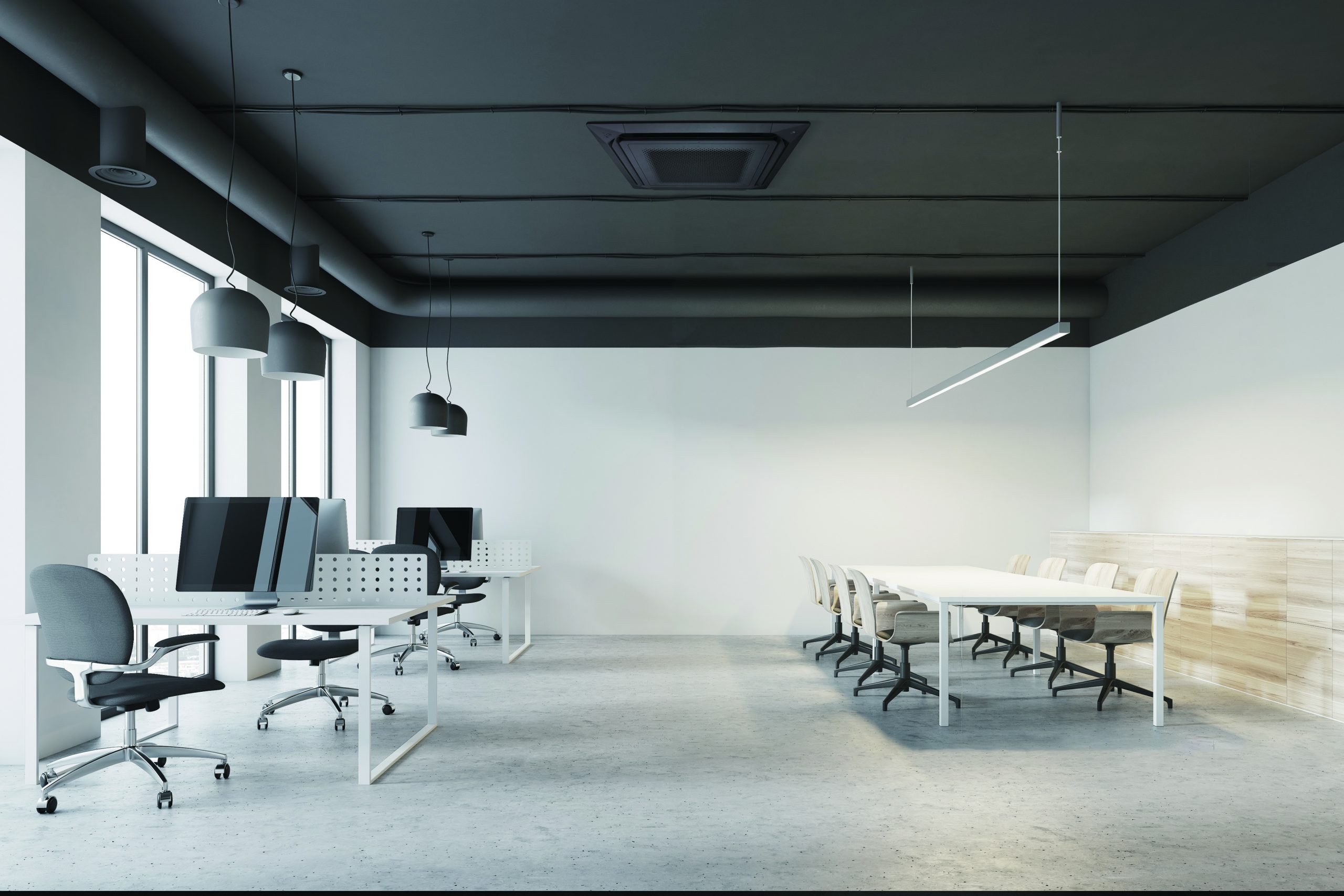 White meeting room interior with a glass wall and a long table with beige chairs. An open space office to the left. 3d rendering mock up